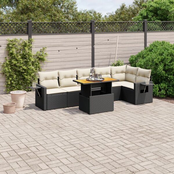 vidaXL 7-tlg. Garten-Sofagarnitur mit Kissen Schwarz Poly Rattan