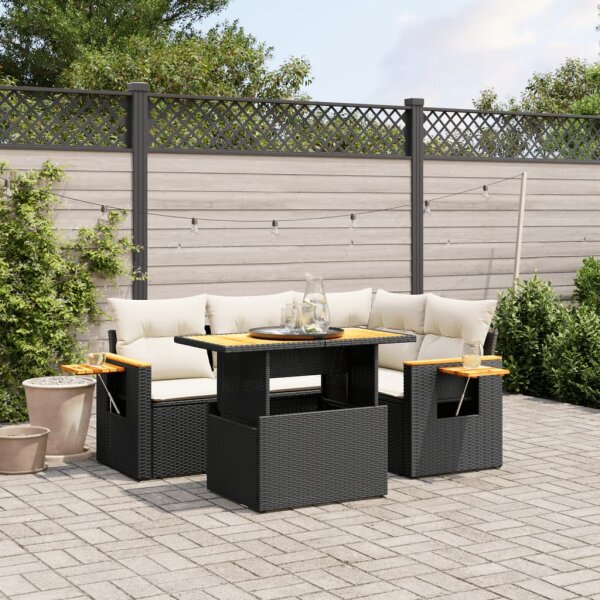 vidaXL 5-tlg. Garten-Sofagarnitur mit Kissen Schwarz Poly Rattan