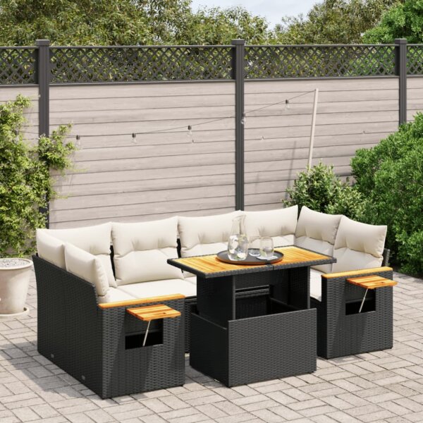 vidaXL 7-tlg. Garten-Sofagarnitur mit Kissen Schwarz Poly Rattan