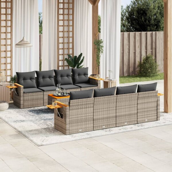 vidaXL 9-tlg. Garten-Sofagarnitur mit Kissen Grau Poly Rattan