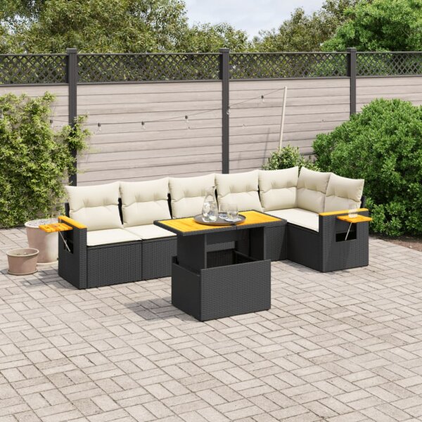 vidaXL 7-tlg. Garten-Sofagarnitur mit Kissen Schwarz Poly Rattan