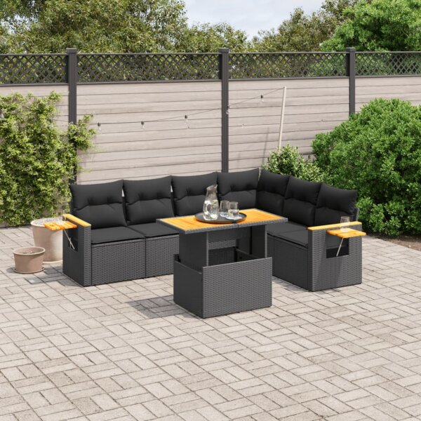 vidaXL 7-tlg. Garten-Sofagarnitur mit Kissen Schwarz Poly Rattan