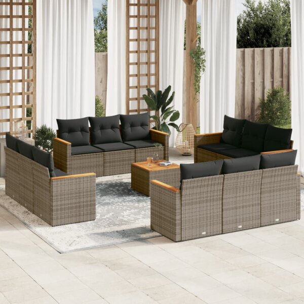 vidaXL 13-tlg. Garten-Sofagarnitur mit Kissen Grau Poly Rattan