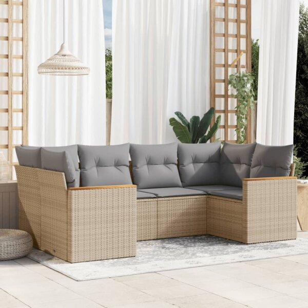 vidaXL 6-tlg. Garten-Sofagarnitur mit Kissen Beige Poly Rattan