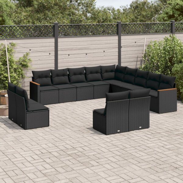 vidaXL 13-tlg. Garten-Sofagarnitur mit Kissen Schwarz Poly Rattan