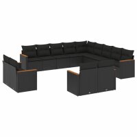 vidaXL 13-tlg. Garten-Sofagarnitur mit Kissen Schwarz Poly Rattan