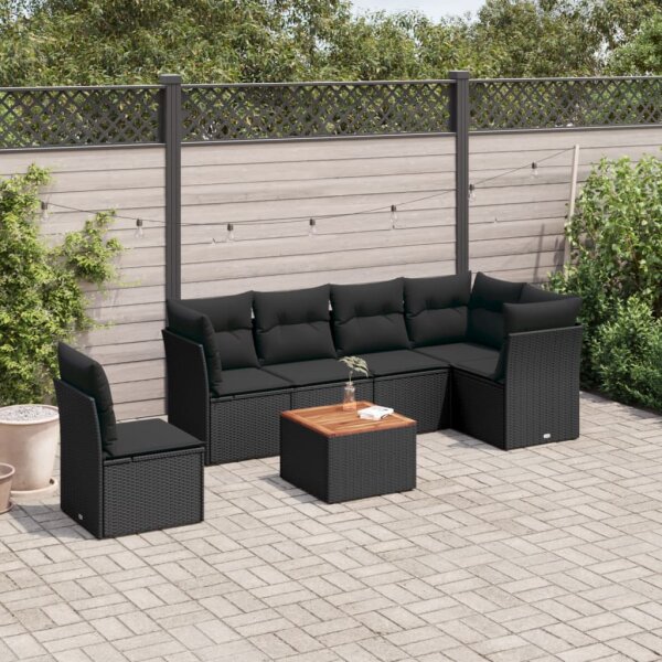 vidaXL 7-tlg. Garten-Sofagarnitur mit Kissen Schwarz Poly Rattan