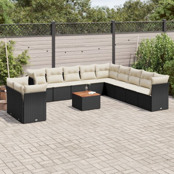 vidaXL 12-tlg. Garten-Sofagarnitur mit Kissen Schwarz Poly Rattan