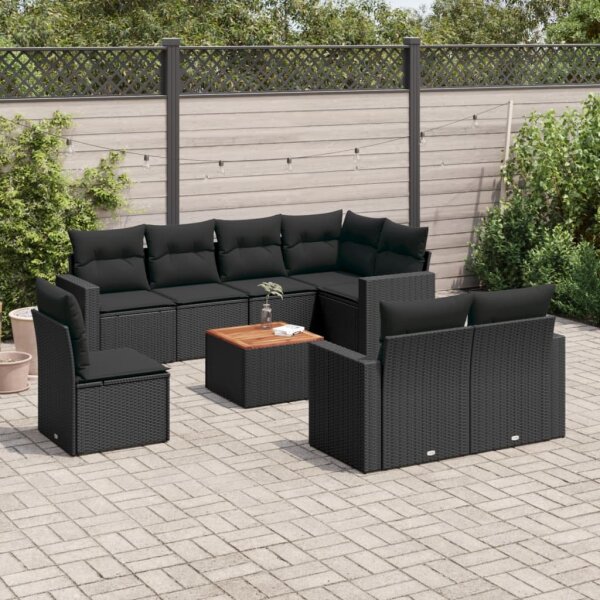 vidaXL 9-tlg. Garten-Sofagarnitur mit Kissen Schwarz Poly Rattan