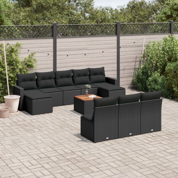 vidaXL 11-tlg. Garten-Sofagarnitur mit Kissen Schwarz Poly Rattan