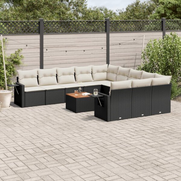 vidaXL 12-tlg. Garten-Sofagarnitur mit Kissen Schwarz Poly Rattan