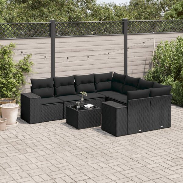 vidaXL 9-tlg. Garten-Sofagarnitur mit Kissen Schwarz Poly Rattan