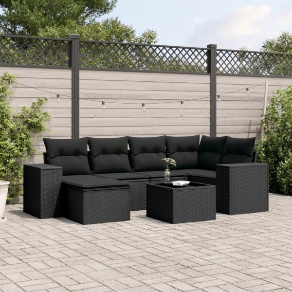 vidaXL 7-tlg. Garten-Sofagarnitur mit Kissen Schwarz Poly Rattan