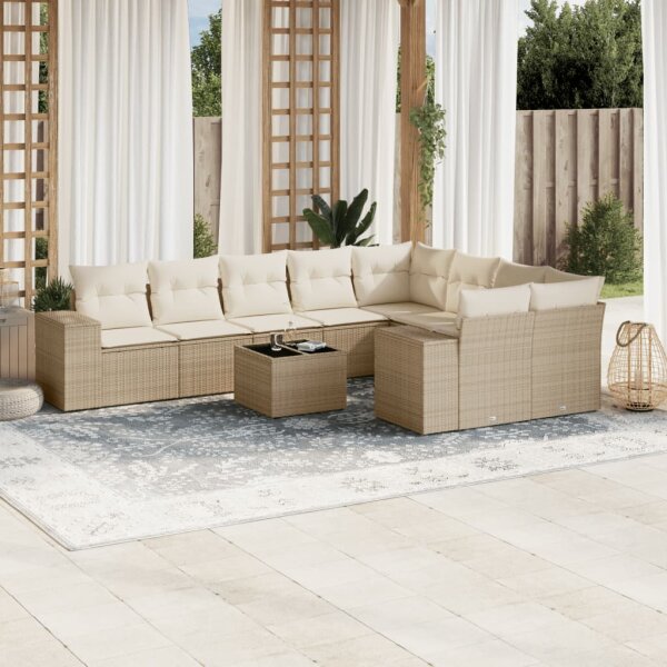 vidaXL 10-tlg. Garten-Sofagarnitur mit Kissen Beige Poly Rattan