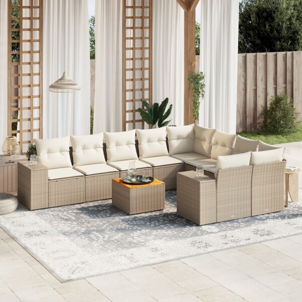 vidaXL 10-tlg. Garten-Sofagarnitur mit Kissen Beige Poly Rattan