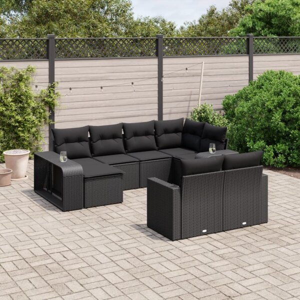 vidaXL 10-tlg. Garten-Sofagarnitur mit Kissen Schwarz Poly Rattan