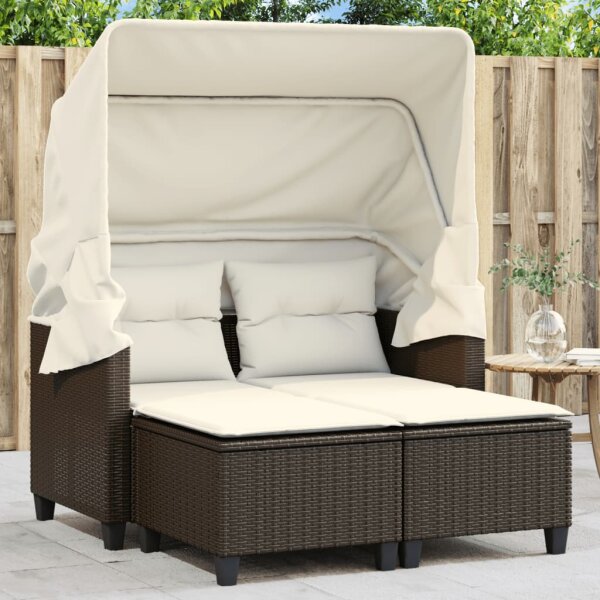 vidaXL Gartensofa 2-Sitzer mit Dach und Hockern Braun Poly Rattan