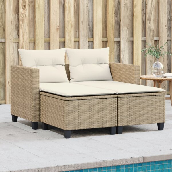 vidaXL Gartensofa 2-Sitzer mit Hockern Beige Poly Rattan