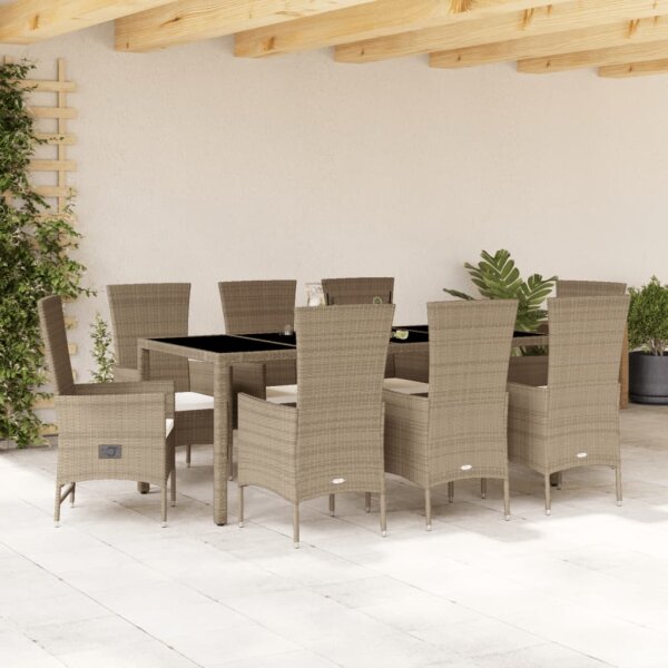 vidaXL 9-tlg. Garten-Essgruppe mit Kissen Beige Poly Rattan