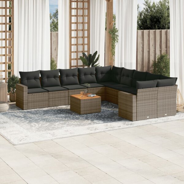 vidaXL 11-tlg. Garten-Sofagarnitur mit Kissen Grau Poly Rattan