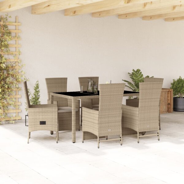 vidaXL 7-tlg. Garten-Essgruppe mit Kissen Beige Poly Rattan