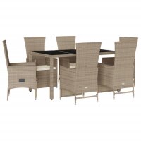 vidaXL 7-tlg. Garten-Essgruppe mit Kissen Beige Poly Rattan