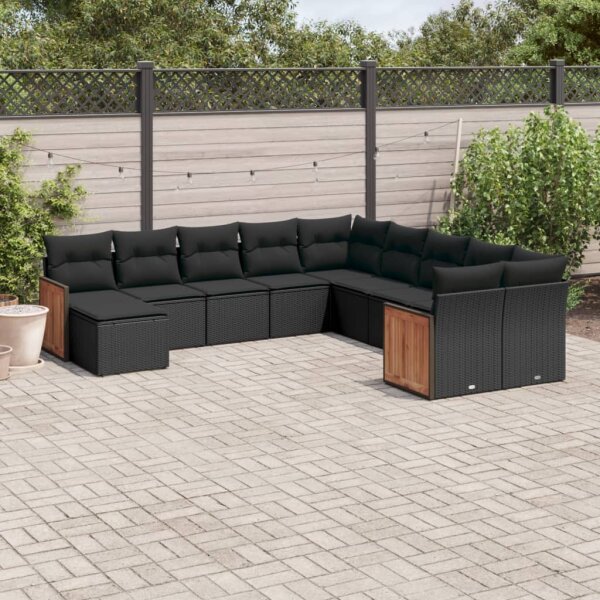 vidaXL 11-tlg. Garten-Sofagarnitur mit Kissen Schwarz Poly Rattan