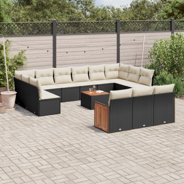 vidaXL 14-tlg. Garten-Sofagarnitur mit Kissen Schwarz Poly Rattan