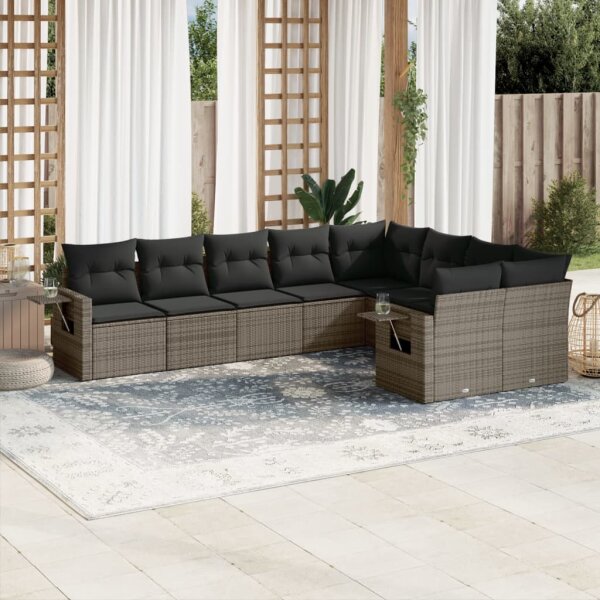 vidaXL 9-tlg. Garten-Sofagarnitur mit Kissen Grau Poly Rattan