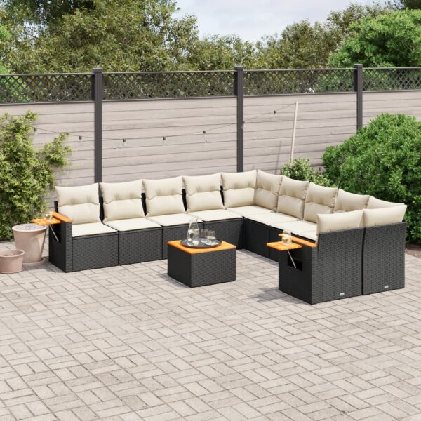 vidaXL 11-tlg. Garten-Sofagarnitur mit Kissen Schwarz Poly Rattan