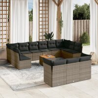 vidaXL 14-tlg. Garten-Sofagarnitur mit Kissen Grau Poly Rattan