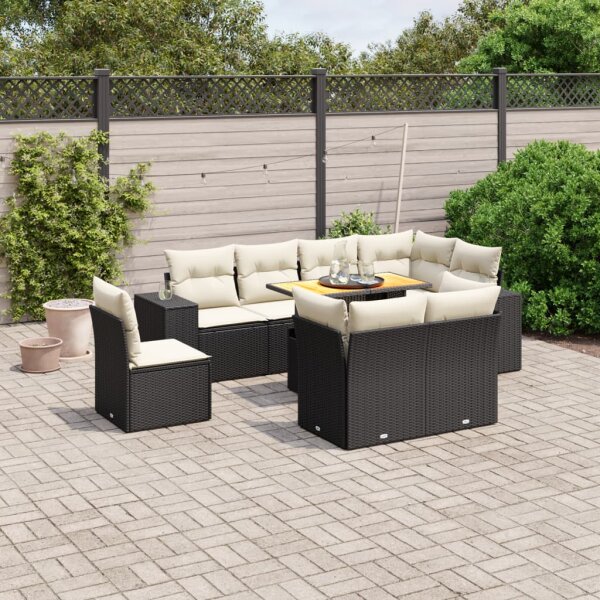 vidaXL 9-tlg. Garten-Sofagarnitur mit Kissen Schwarz Poly Rattan