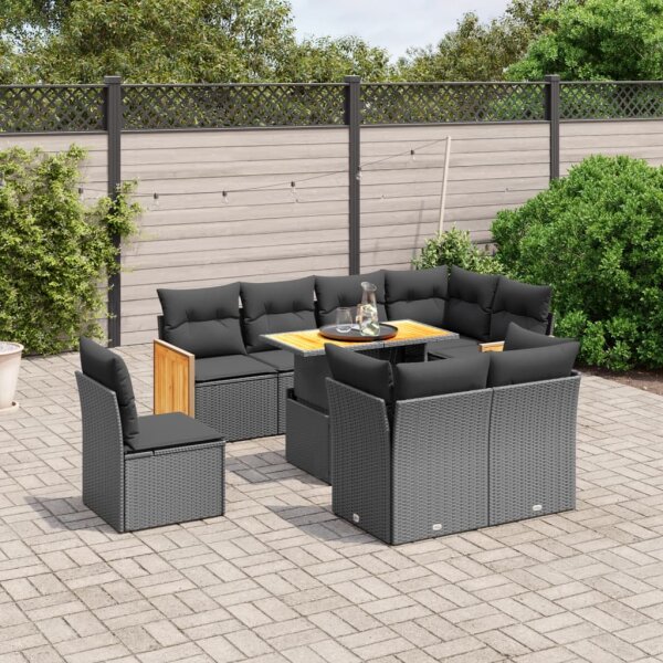 vidaXL 9-tlg. Garten-Sofagarnitur mit Kissen Schwarz Poly Rattan