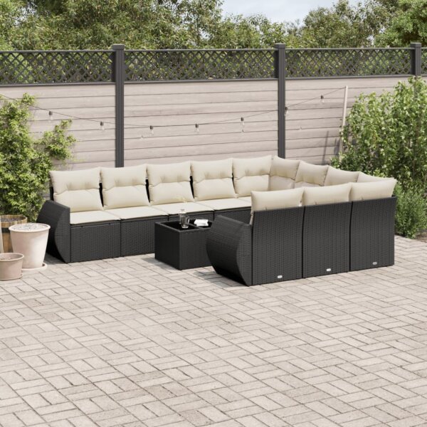 vidaXL 11-tlg. Garten-Sofagarnitur mit Kissen Schwarz Poly Rattan