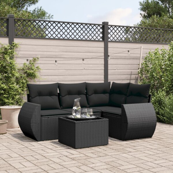 vidaXL 5-tlg. Garten-Sofagarnitur mit Kissen Schwarz Poly Rattan