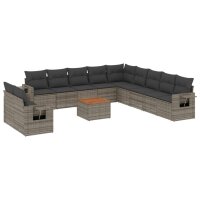 vidaXL 12-tlg. Garten-Sofagarnitur mit Kissen Grau Poly Rattan