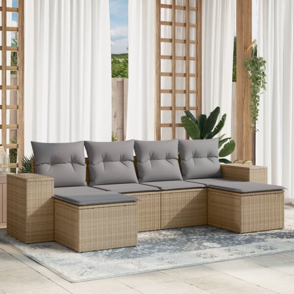 vidaXL 6-tlg. Garten-Sofagarnitur mit Kissen Beige Poly Rattan