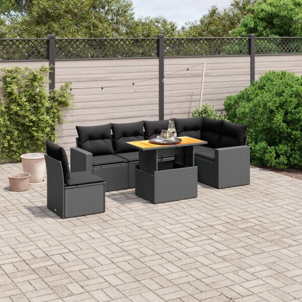 vidaXL 7-tlg. Garten-Sofagarnitur mit Kissen Schwarz Poly Rattan