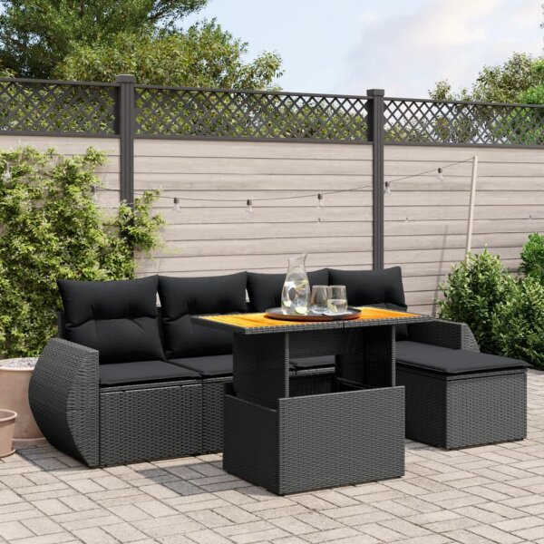 vidaXL 6-tlg. Garten-Sofagarnitur mit Kissen Schwarz Poly Rattan