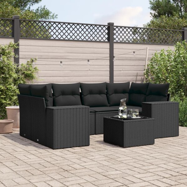 vidaXL 7-tlg. Garten-Sofagarnitur mit Kissen Schwarz Poly Rattan