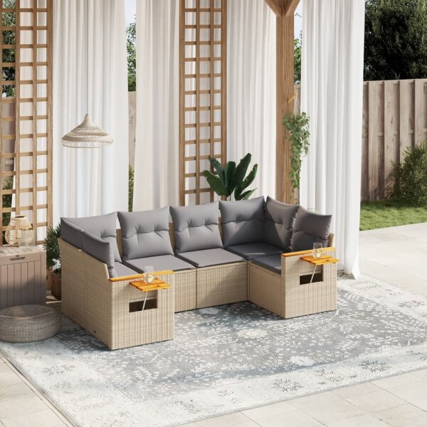 vidaXL 6-tlg. Garten-Sofagarnitur mit Kissen Beige Poly Rattan