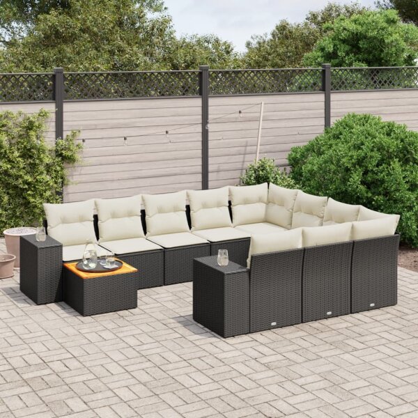 vidaXL 11-tlg. Garten-Sofagarnitur mit Kissen Schwarz Poly Rattan