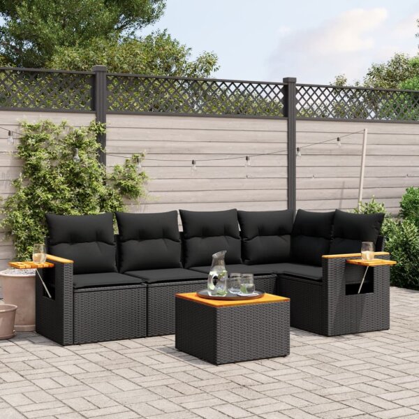 vidaXL 6-tlg. Garten-Sofagarnitur mit Kissen Schwarz Poly Rattan