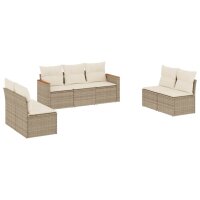 vidaXL 7-tlg. Garten-Sofagarnitur mit Kissen Beige Poly Rattan