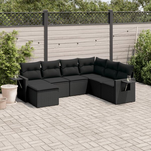 vidaXL 7-tlg. Garten-Sofagarnitur mit Kissen Schwarz Poly Rattan