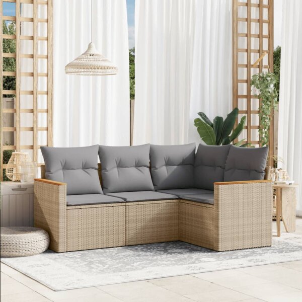 vidaXL 4-tlg. Garten-Sofagarnitur mit Kissen Beigemischung Poly Rattan