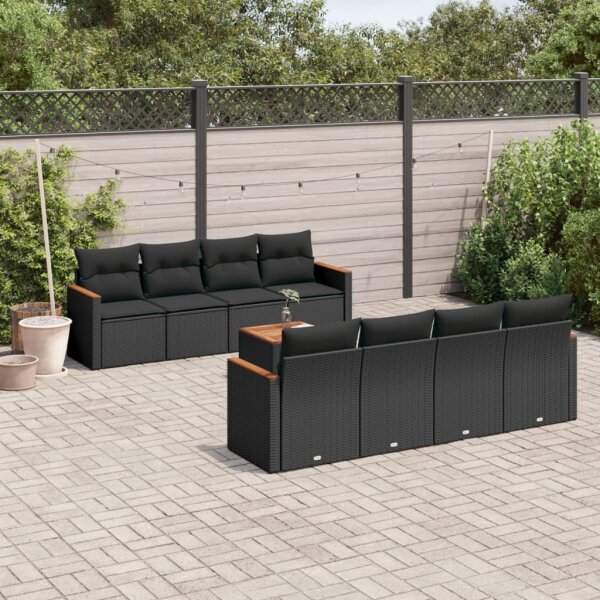 vidaXL 9-tlg. Garten-Sofagarnitur mit Kissen Schwarz Poly Rattan