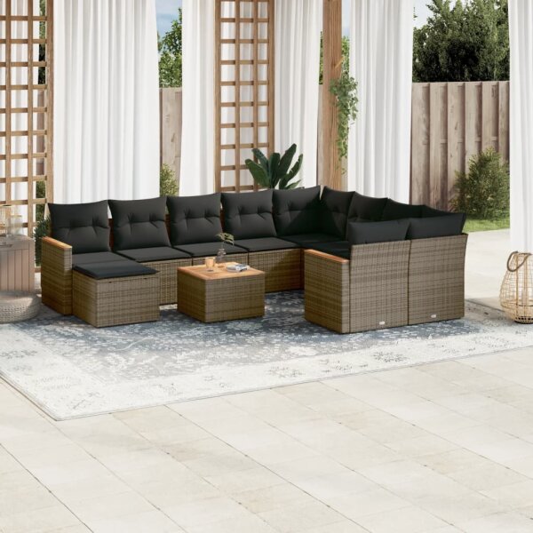 vidaXL 11-tlg. Garten-Sofagarnitur mit Kissen Grau Poly Rattan