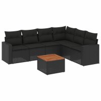 vidaXL 7-tlg. Garten-Sofagarnitur mit Kissen Schwarz Poly Rattan