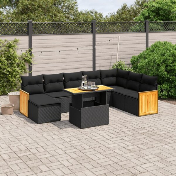 vidaXL 9-tlg. Garten-Sofagarnitur mit Kissen Schwarz Poly Rattan